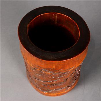 Chinese bamboo brush pot, carved with figures on a boat in a river, backed by tall rocky cliffs, 7" - Image 3 of 4