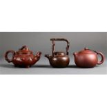 (lot of 3) Chinese zisha ceramic teapots, consisting of a plain one; the other two with branch
