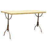 French cafe style custom bistro table, having a pine top, above the chromed metal base, 29.5"h x