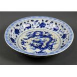 Chinese underglaze blue porcelain platter, featuring a meandering dragon in the well, the wall