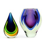 (lot of 2) Modern case glass vases, one having a tear drop form in clear, orange green and blue,