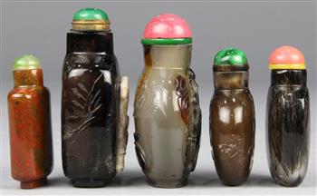 (lot of 5) Chinese stone snuff bottles: first, of rutilated quartz (hair crystal) with a flattened - Image 2 of 6