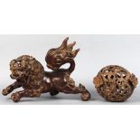 (lot of 2) Japanese okimono iron karajishi (fu lion) with opened jaw; and a large ball with