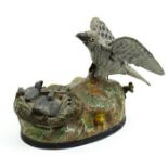 Mechanical coin operated bank with birds, depicting a hen feeding her chicks, 6.5"h