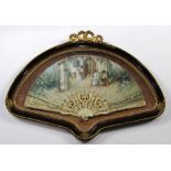 French hand-painted decorative fan, depicting figures in period attire, the whole in a custom