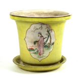 Chinese porcelain yellow ground planter, featuring two reserves with a beauty holding a qin,