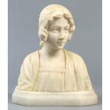 Marble classical figural bust, depicting a young woman in period attire, rising on a plinth, 10"h