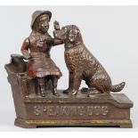 "Speaking Dog Bank" cast iron mechanical penny bank, modeled as a girl seated with a paddle in her