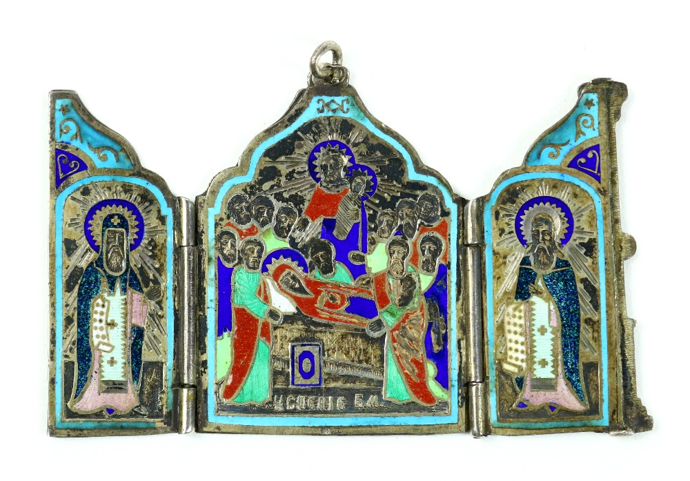 Russian .84 silver and enamel traveling triptych icon, executed in three parts, the middle depicting - Image 2 of 3