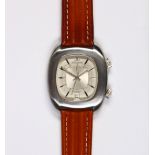 Jaeger Le Coultre alarm stainless steel wristwatch Dial: cushion, bi-level, textured polished,