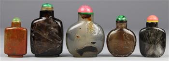 (lot of 5) Chinese stone snuff bottles: first, of rutilated quartz (hair crystal) with a flattened - Image 4 of 6