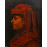 European School (17th century), Profile of a Gentleman Draped in Red, oil on oak panel, initialed “
