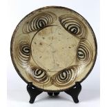 Japanese mingei ceramic, horse-eye plate, Edo period, glazed heavy stoneware with six oval-shaped