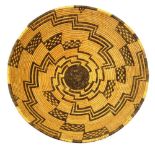 Southwest Native American Apache coiled basket, having continuous stepped geometric patterning, 15"