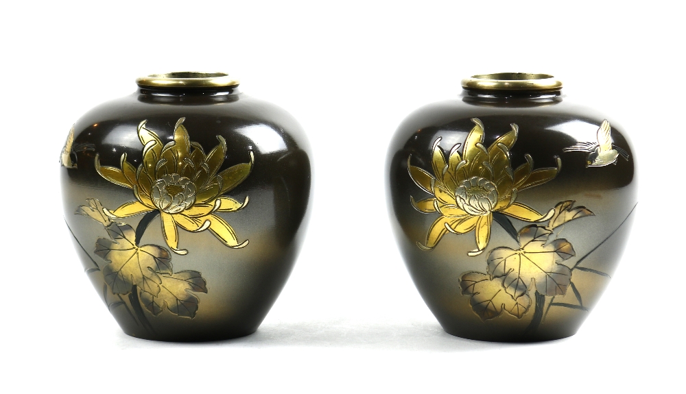 (lot of 2) Japanese pair of mixed metal vases, chrysanthemum and bird in silver and gilt color,