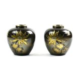 (lot of 2) Japanese pair of mixed metal vases, chrysanthemum and bird in silver and gilt color,