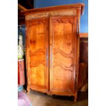 Louis XV armoire, having a molded top, above two paneled doors and rising on short cabriole legs,