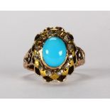 Turquoise, diamond and 14k yellow gold ring Centering (1) oval turquoise cabochon, measuring