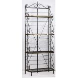 French bakers rack, having four fixed shelves with brass banding, 86"h x 32.5"w
