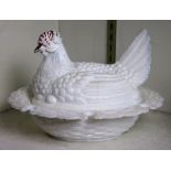 Vintage milk glass tureen in the form of a chicken, 12"l.