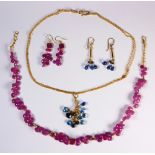 (Lot of 4) Multi-stone bead, yellow gold and metal jewelry Including 1) necklace, composed of pink