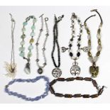 (Lot of 8) Multi-stone, 14k white gold, silver, and metal necklaces Including 1) blue lace agate