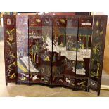 Chinese Coromandel-style small eight-panel wood screen, featuring figures in a pavilion complex,
