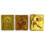 (lot of 3) Russian brass oklad icon group, consisting of polychrome decorated panels, with two