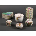 (lot of 9) Chinese porcelain items, consisting of: a lidded cricket jar with butterflies; a circular