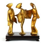 Japanese okimono, Awaodori figures in various poses, gilt on iron with wood stand, largest: 9.75"h