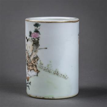 Chinese enameled porcelain brush pot, with four children seated in a garden depicted in the - Image 2 of 5