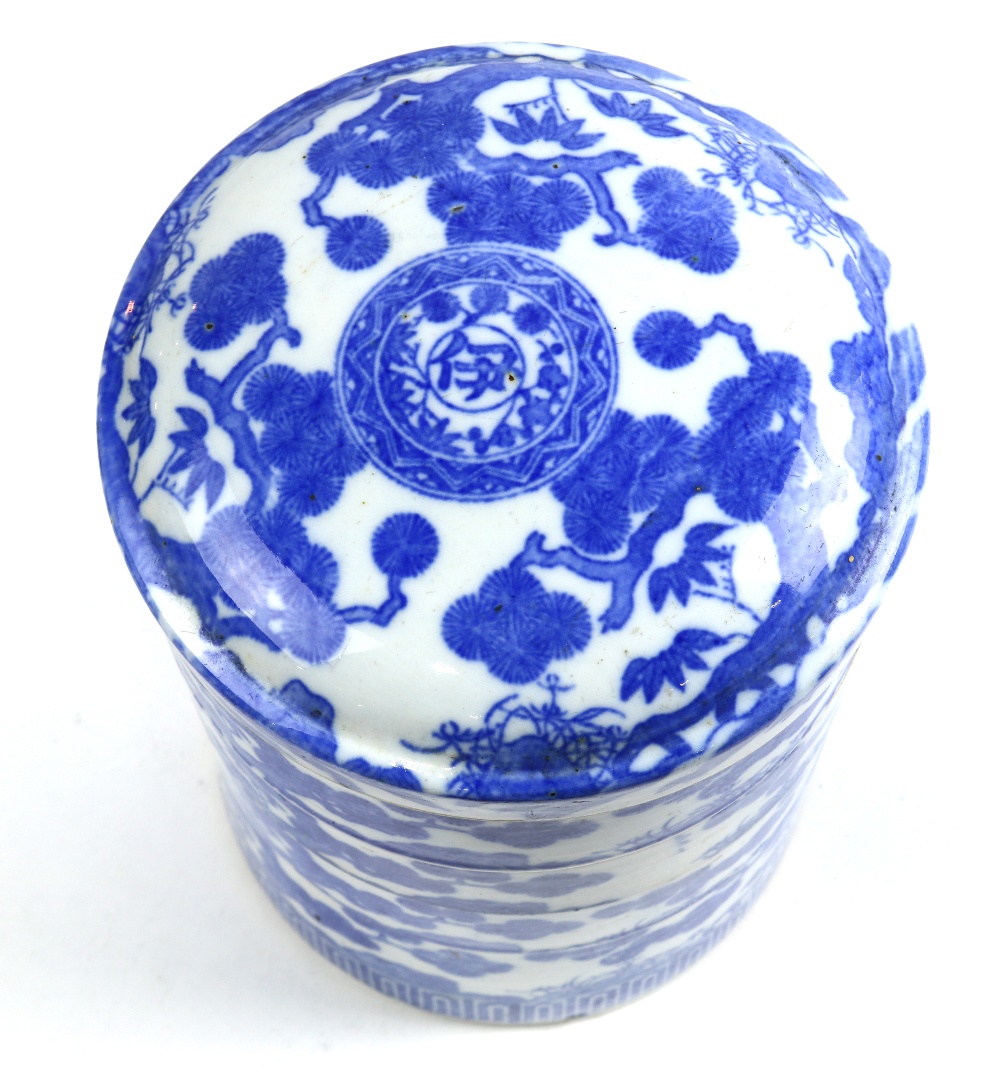 Japanese ceramic four-tier food container, blue-and-white transfer decorated with pines and - Image 3 of 5