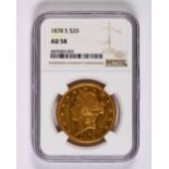 1878(S) 20 dollar gold Liberty Head double eagle, NGC AU 58