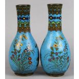 (lot of 2) Japanese cloisonne vases, long neck above ovoid body, flower and butterfly on turquoise