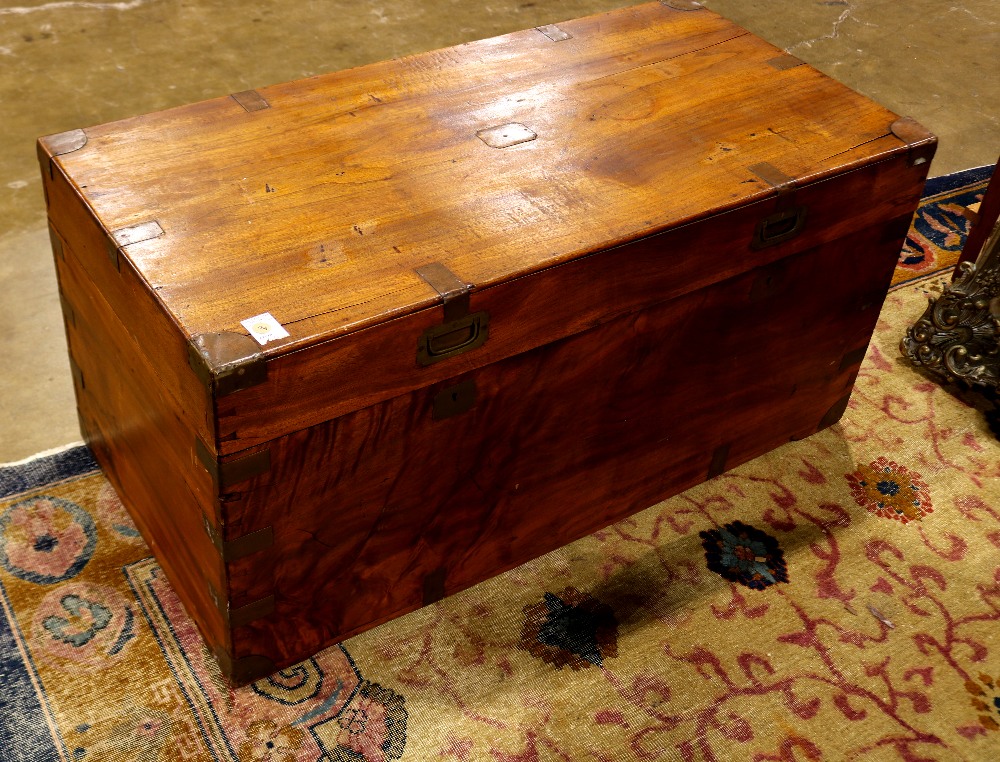 Primitive blanket chest, the hinged lid with brass mounts, and opening to a cedar lined interior,