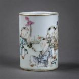 Chinese enameled porcelain brush pot, with four children seated in a garden depicted in the