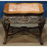 Chinese side table with marble top, the pink mottled marble panel set within a conforming bead edge,