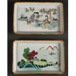 (lot of 2) Chinese porcelain trays, of rectangular form, one featuring three beauties in a garden