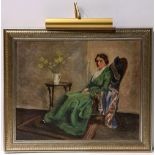 American School (20th century), Lady Reclining in a Chair, oil on canvas, overall (with frame); 26.