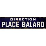 Paris enameled metro sign, circa 1930-1940, executed in blue and white, reading "Direction Place