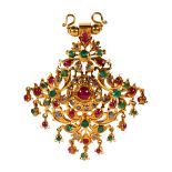 Emerald, ruby, diamond and 22k yellow gold pendant Centering (1) round ruby cabochon, measuring