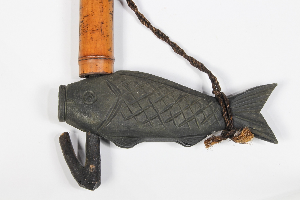 Japanese jizai-kagi (hearth pot hook), on bamboo pole, with rope and wooden koi carp, overall: 51. - Image 5 of 7