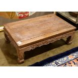 Chinese wood rectangular low table, with a rectangular floating top, the apron carved with linked
