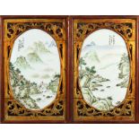 Pair of Chinese porcelain plaques, each of a river and mountain landscape, entitled and inscribed,