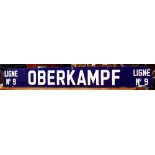 French Metro sign circa 1940, blue enamel with with white lettering reading OBERKAMPF Ligne No. 9,