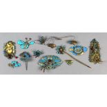 (lot of 11) Chinese kingfisher feather hairpins, mostly of flower and butterfly motifs, largest: 4"