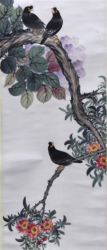 (lot of 4) Manner of Yan Bolong (Chinese,1896-1955), Birds-and-Flowers, ink and color on paper, - Image 8 of 10