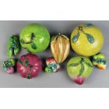 (lot of 9) Chinese enameled porcelain fruit, including peaches, starfruit, lychee and citrus,