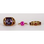(Lot of 3) Multi-stone and yellow gold rings Including 1) garnet and 14k yellow gold ring, size 5.