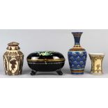 (lot of 4) Mettlach and enamel group, comprising (2) Mettlach style, beaker, and lidded urn, a